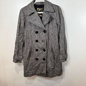 Michael Kors Herringbone Double-Breasted Peacoat Winter Coat Black White Classic